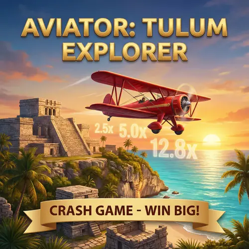 Juego Aviator con avión volando sobre las ruinas de Tulum y el Caribe
