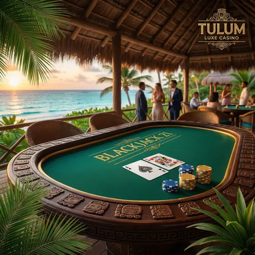 Mesa de blackjack elegante con decoración maya - Cartas y fichas doradas